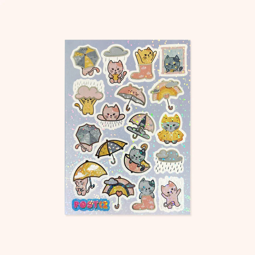 Cats in the Rain silver foil hologram sticker sheet